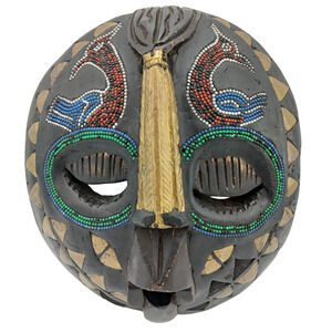VTG 12” African Ghana Hand Made Carved Baluba Moon Wood Beaded Mask Tribal